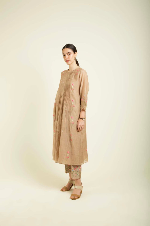 Beige Mul Chanderi Pleated Tunic With Straight Printed Pants In Silk Chanderi - Two-Piece Set - Mizyana