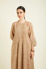 Beige Mul Chanderi Pleated Tunic With Straight Printed Pants In Silk Chanderi - Two-Piece Set - Mizyana