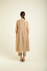 Beige Mul Chanderi Pleated Tunic With Straight Printed Pants In Silk Chanderi - Two-Piece Set - Mizyana