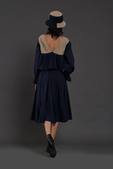 Beige & Navy Blue Bow Set - Two-Piece Set - Mizyana