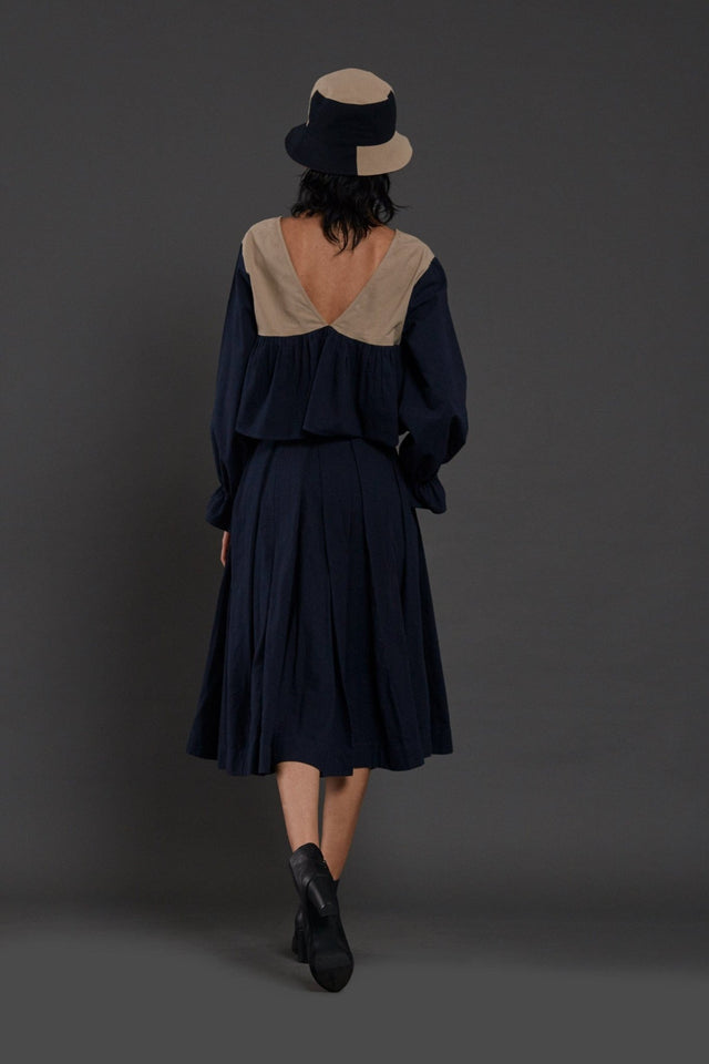 Beige & Navy Blue Bow Set - Two-Piece Set - Mizyana