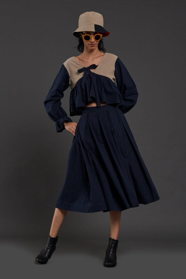 Beige & Navy Blue Bow Set - Two-Piece Set - Mizyana