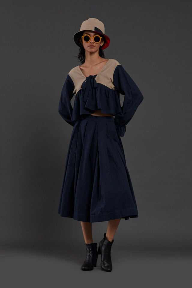 Beige & Navy Blue Bow Set - Two-Piece Set - Mizyana