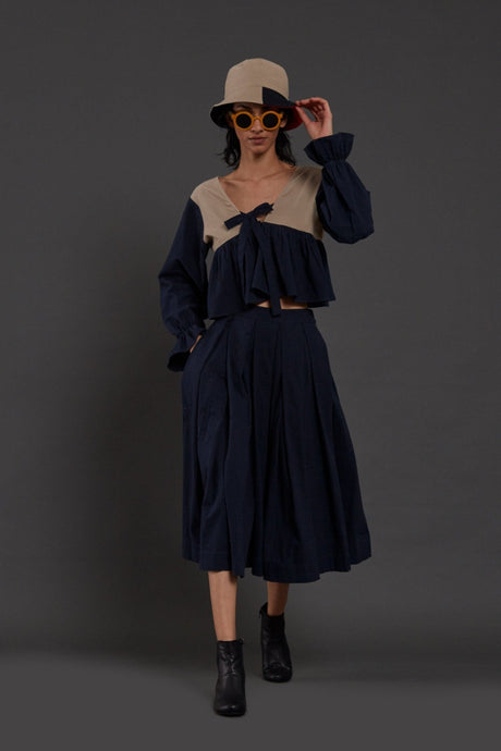 Beige & Navy Blue Bow Top - Shirt - Mizyana