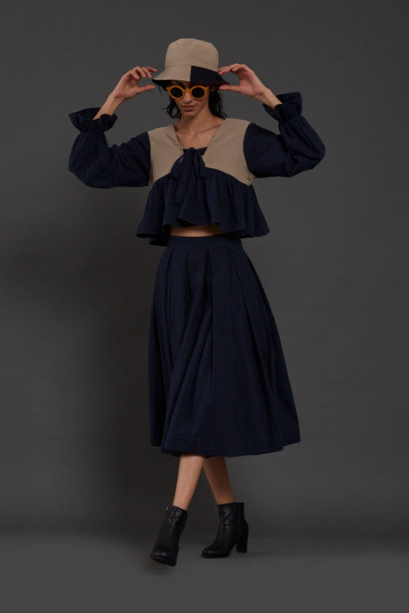 Beige & Navy Blue Bow Top - Shirt - Mizyana