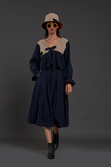 Beige & Navy Blue Bow Top - Shirt - Mizyana