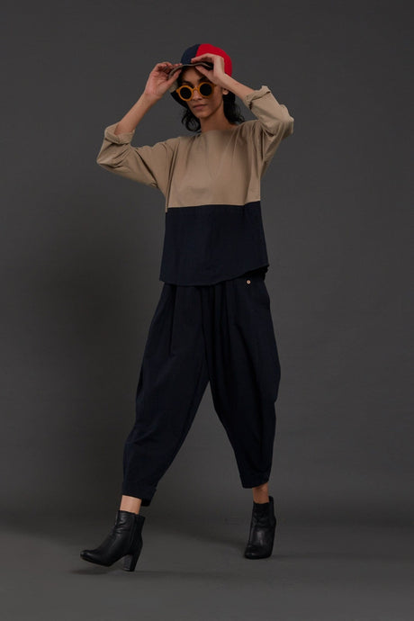Beige & Navy Blue Rekin Set - Two-Piece Set - Mizyana