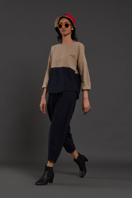 Beige & Navy Blue Rekin Set - Two-Piece Set - Mizyana