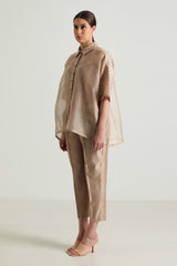 Beige Organza Lace Shirt and Straight Pant in Silk Chanderi - Two-Piece Set - Mizyana