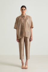 Beige Organza Lace Shirt and Straight Pant in Silk Chanderi - Two-Piece Set - Mizyana