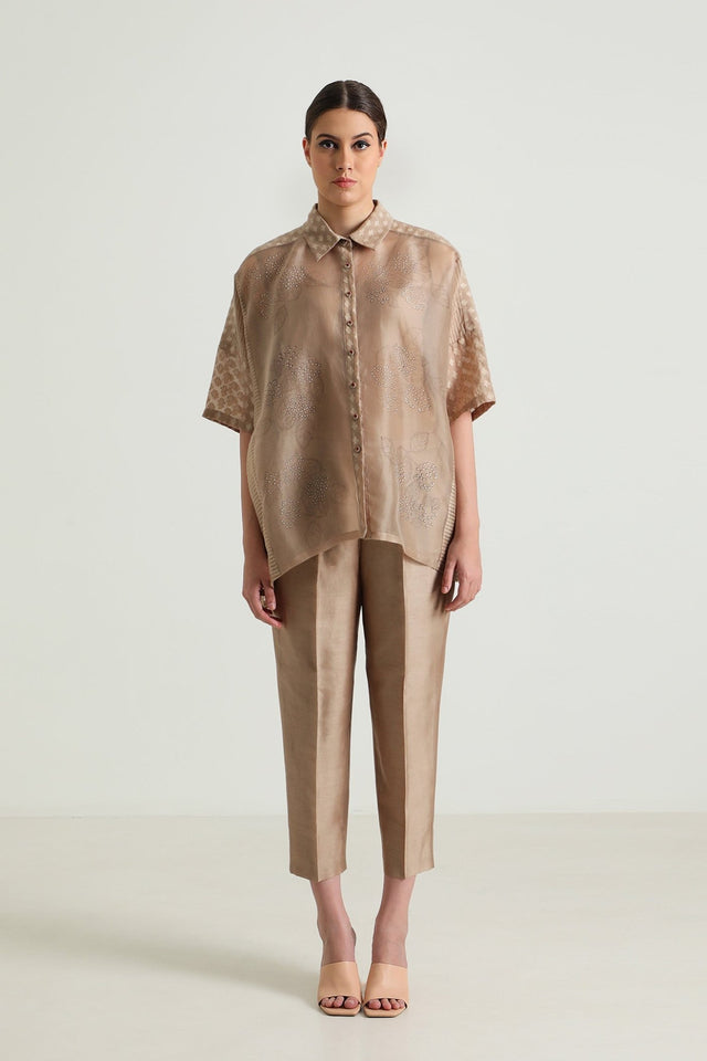 Beige Organza Lace Shirt and Straight Pant in Silk Chanderi - Two-Piece Set - Mizyana