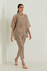 Beige Organza Lace Shirt and Straight Pant in Silk Chanderi - Two-Piece Set - Mizyana