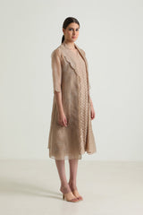 Beige Printed Organza Jacket With Scalloped Collar and Brocade Dress - Two-Piece Set - Mizyana