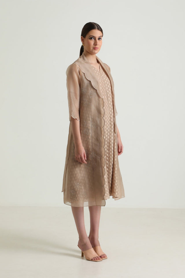 Beige Printed Organza Jacket With Scalloped Collar and Brocade Dress - Two-Piece Set - Mizyana