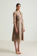 Beige Printed Organza Jacket With Scalloped Collar and Brocade Dress - Two-Piece Set - Mizyana