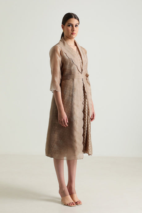 Beige sheer Organza Jacket with scalloped edges over the Brocade Dress, three quarter view