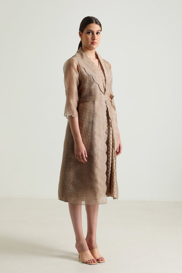 Beige Printed Organza Jacket With Scalloped Collar and Brocade Dress - Two-Piece Set - Mizyana