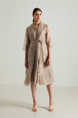 Beige Printed Organza Jacket With Scalloped Collar and Brocade Dress - Two-Piece Set - Mizyana