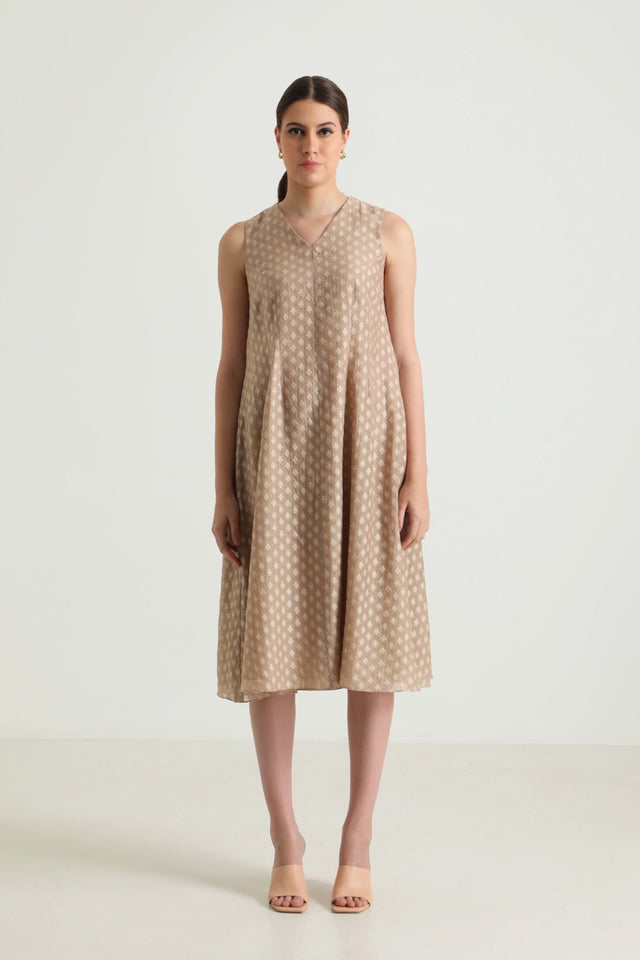 Beige Printed Organza Jacket With Scalloped Collar and Brocade Dress - Two-Piece Set - Mizyana