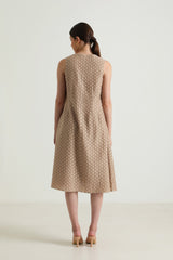 Beige Printed Organza Jacket With Scalloped Collar and Brocade Dress - Two-Piece Set - Mizyana