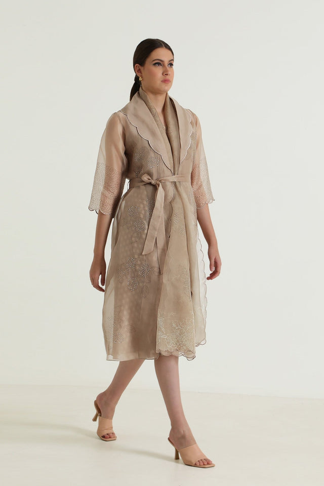 Beige Printed Organza Jacket With Scalloped Collar and Brocade Dress - Two-Piece Set - Mizyana