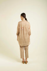 Beige Shirt In Mul Chanderi With Straight Pants In Silk Chanderi - Two-Piece Set - Mizyana