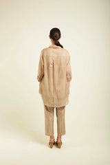 Beige Shirt In Mul Chanderi With Straight Pants In Silk Chanderi - Two-Piece Set - Mizyana