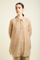 Beige Shirt In Mul Chanderi With Straight Pants In Silk Chanderi - Two-Piece Set - Mizyana