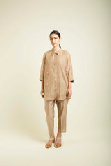 Beige Shirt In Mul Chanderi With Straight Pants In Silk Chanderi - Two-Piece Set - Mizyana