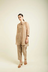 Beige Shirt In Mul Chanderi With Straight Pants In Silk Chanderi - Two-Piece Set - Mizyana