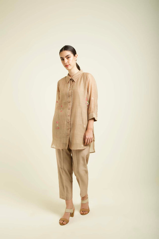 Beige Shirt In Mul Chanderi With Straight Pants In Silk Chanderi - Two-Piece Set - Mizyana