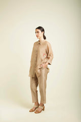 Beige Shirt In Mul Chanderi With Straight Pants In Silk Chanderi - Two-Piece Set - Mizyana
