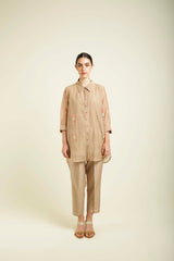 Beige Shirt In Mul Chanderi With Straight Pants In Silk Chanderi - Two-Piece Set - Mizyana