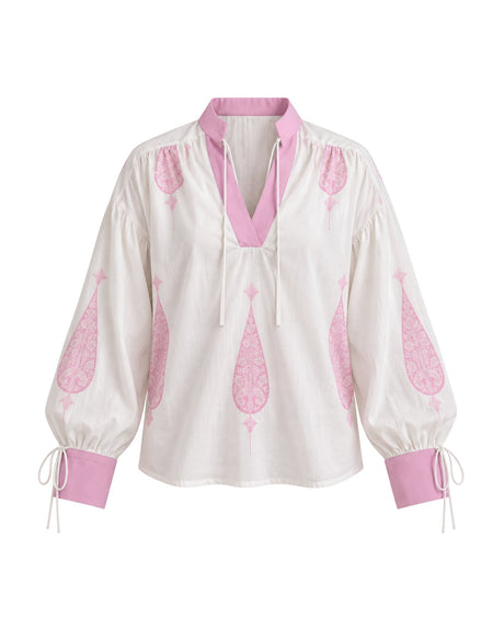 Bella Off-White and Pink Motif Cotton Tie-Neck Blouse - Blouse - Mizyana