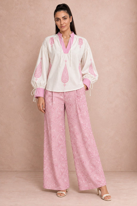 Bella Tie-Neck Blouse and Rooh Pink Wide-Leg Trousers Two-Piece Set - Two-Piece Set - Mizyana