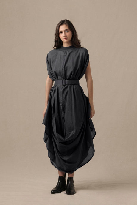 Belted Ash Gray Cowl Dress - Dress - Mizyana