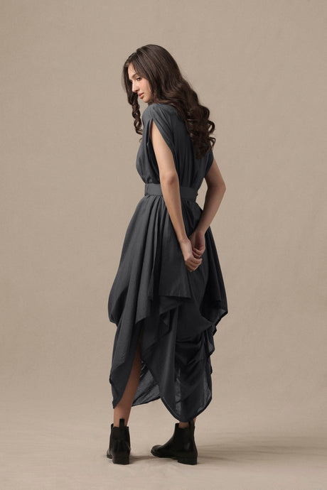 Belted Ash Gray Cowl Dress - Dress - Mizyana