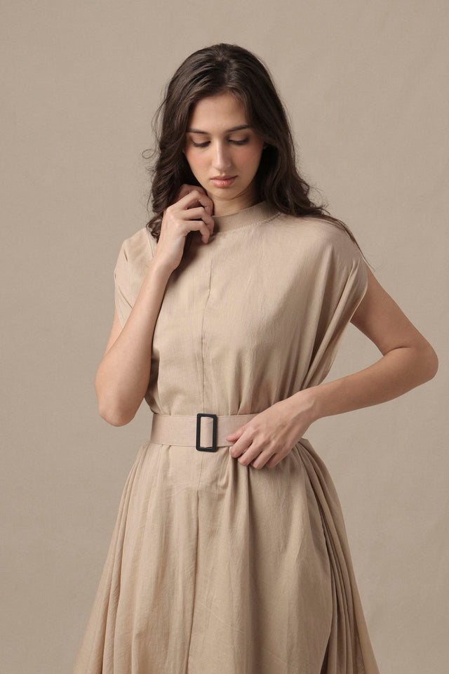 Belted Sand Cowl Dress - Dress - Mizyana