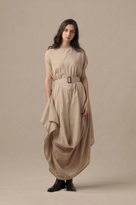 Belted Sand Cowl Dress - Dress - Mizyana