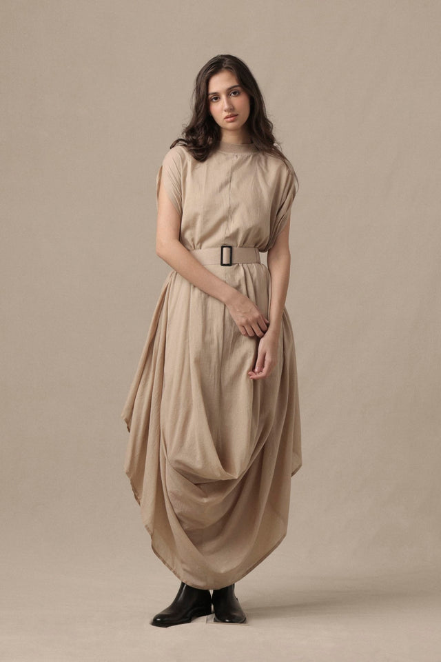 Belted Sand Cowl Dress - Dress - Mizyana