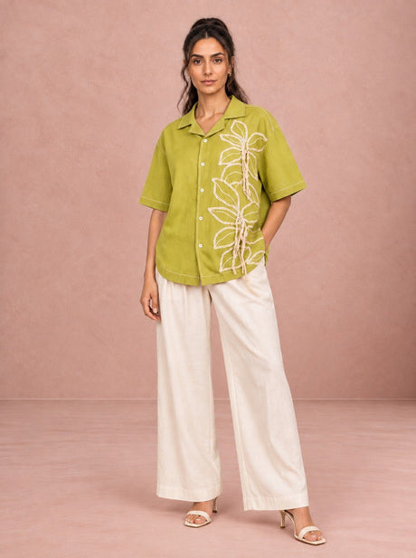 Binda Olive Embroidered Shirt and Grain Cotton Trousers Two-Piece Set - Two-Piece Set - Mizyana