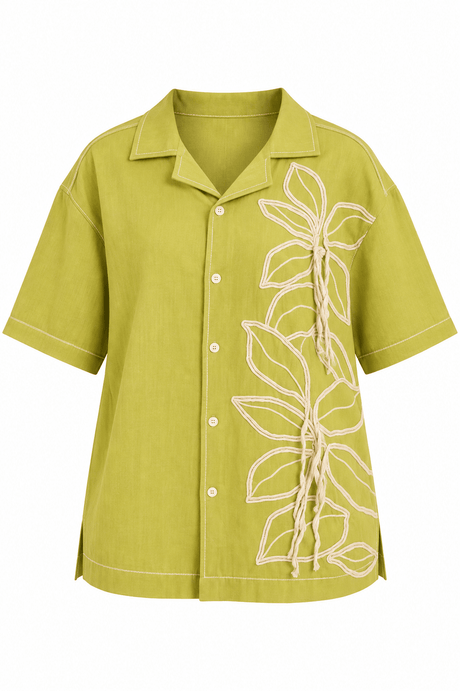 Binda Olive Green Leaf Embroidered Cotton Shirt - Shirt - Mizyana