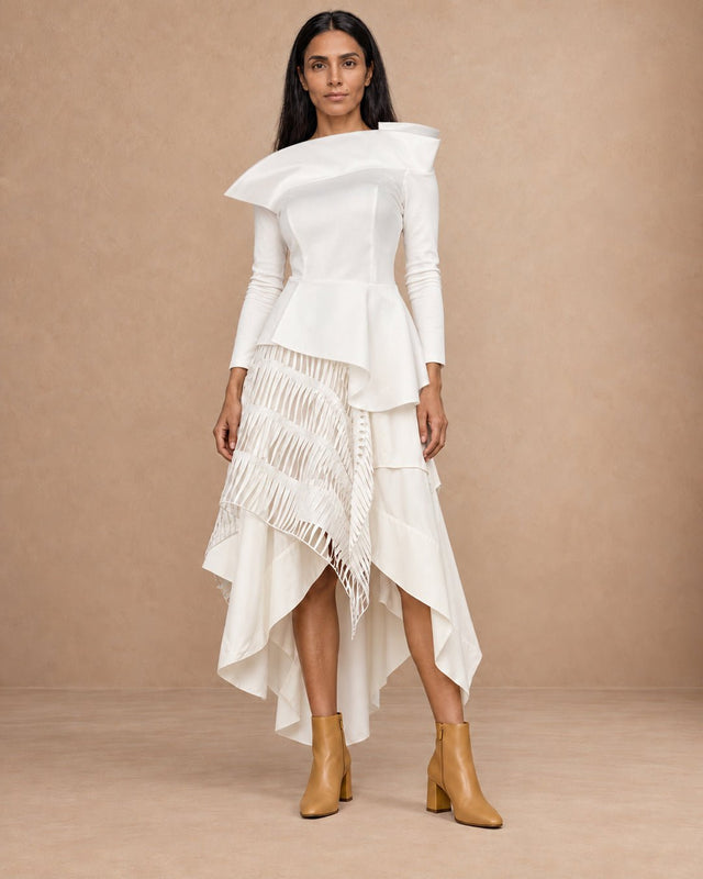 Biya Ivory Laser Cut Layered Hi-Low Skirt - Skirt - Mizyana