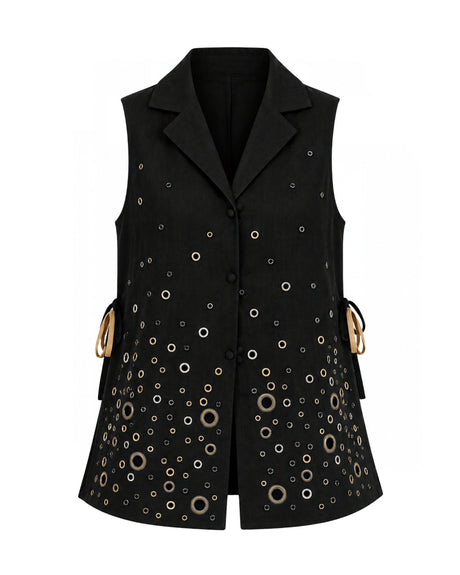 Black Denim Eyelet Vest with Side Ties - Vest - Mizyana