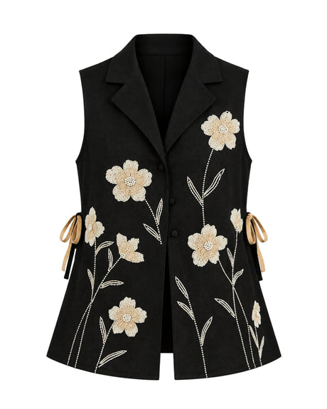 Black Denim Floral Embroidered Sleeveless Lapel Vest - Vest - Mizyana