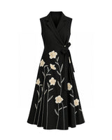 Black Floral Embroidered Wrap Denim Dress - Dress - Mizyana