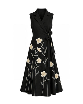 Black Floral Embroidered Wrap Denim Dress - Dress - Mizyana