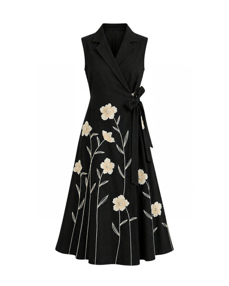 Black Floral Embroidered Wrap Denim Dress - Dress - Mizyana