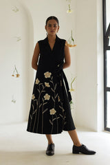 Black Floral Wrap Denim Dress - Dress - Mizyana