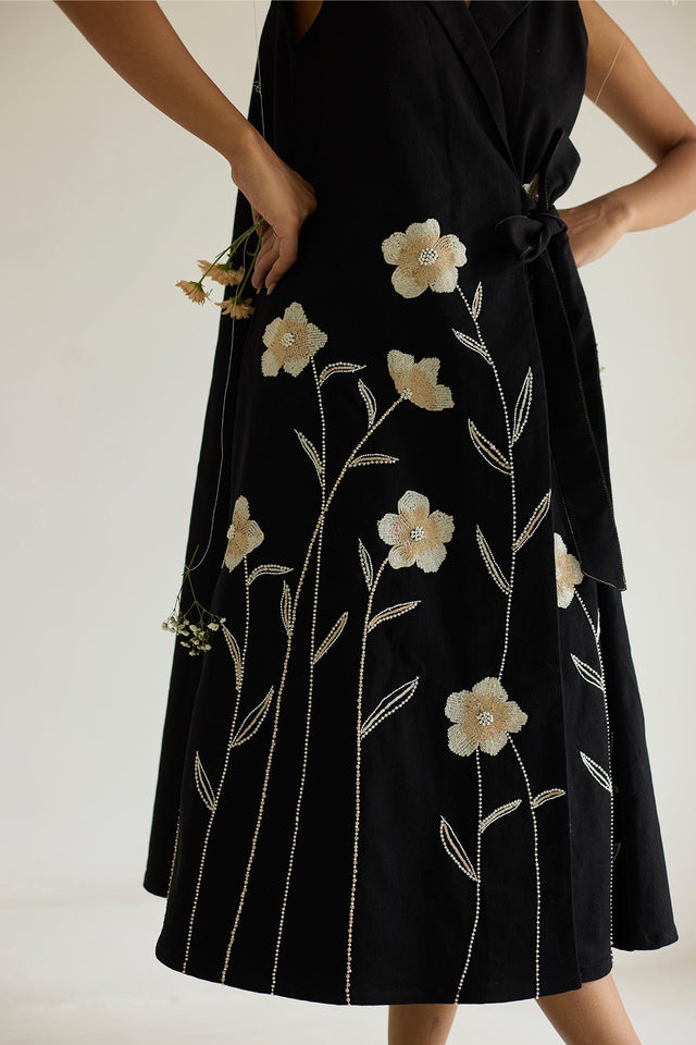 Black Floral Wrap Denim Dress - Dress - Mizyana